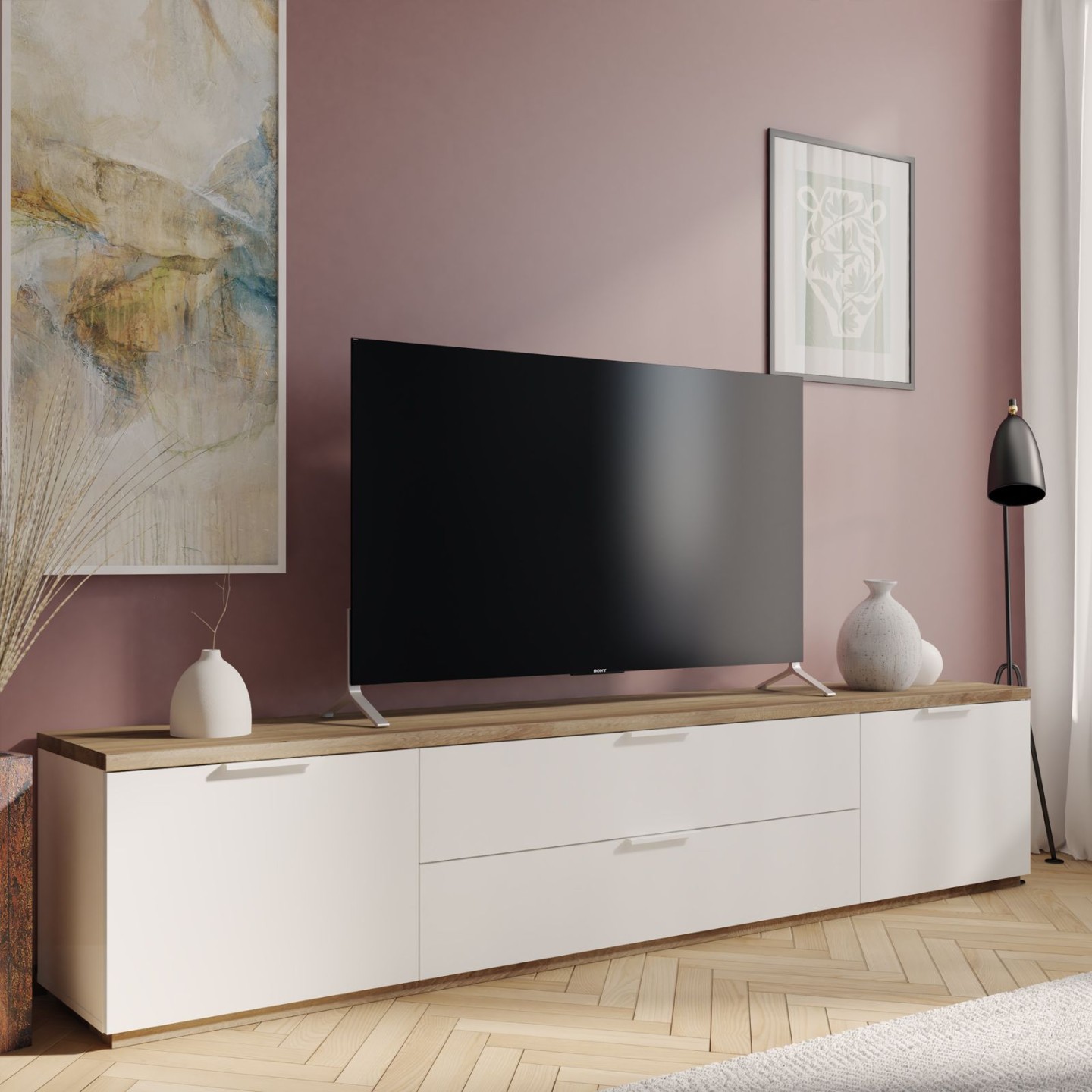 Mobile porta tv x cm in legno bianco lucido e rovere artisan